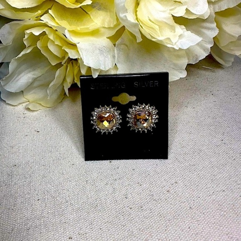 Citrine & White Topaz Halo sterling Stud Earrings